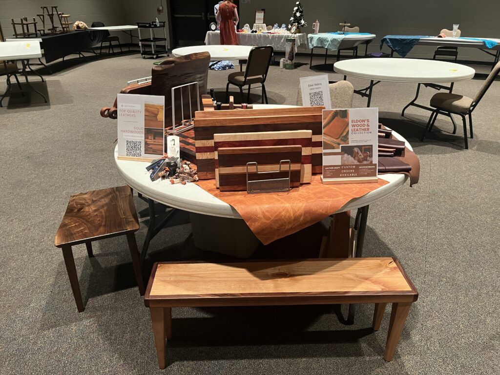 Display of handmade wood furniture and cutting boards